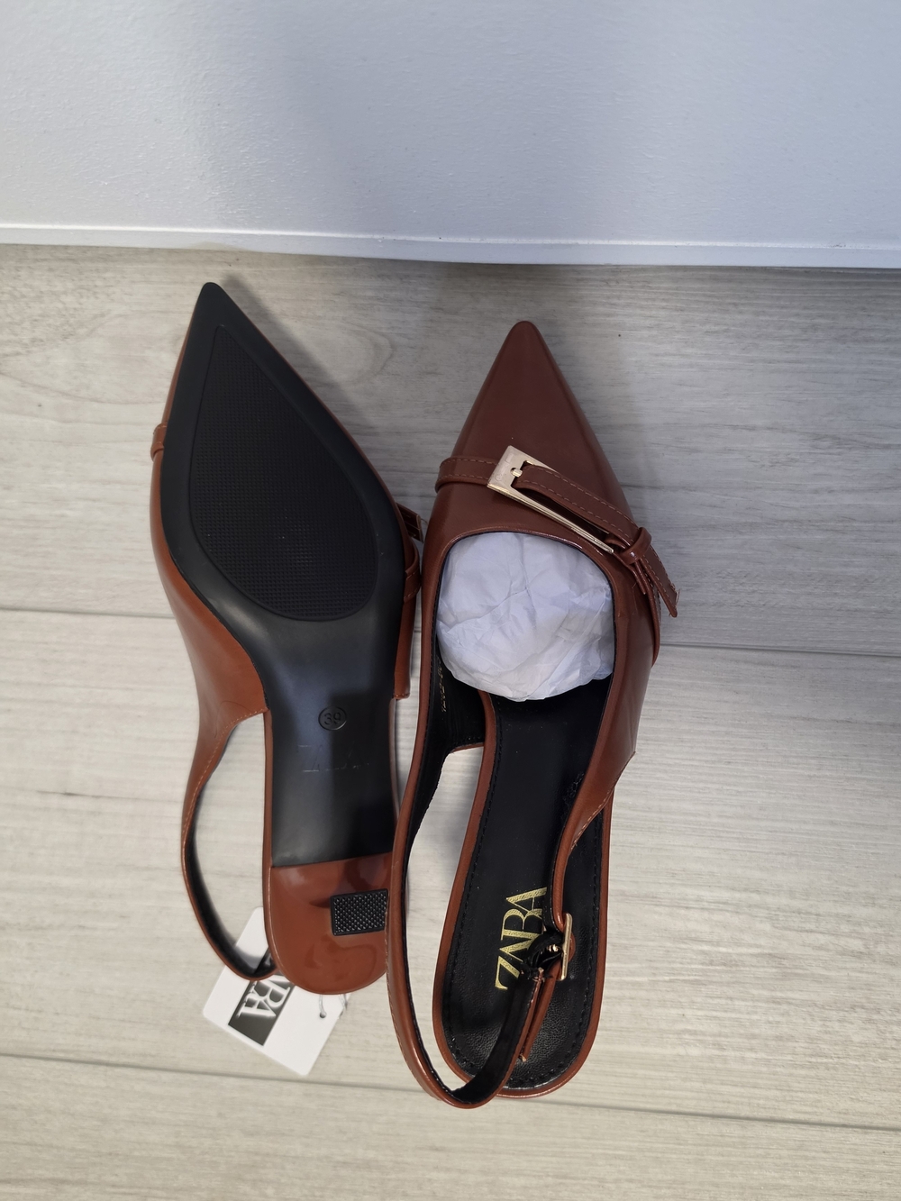 ZARA Brown Pointed Slingback Flats with Buckle